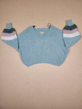 My Michelle Women's Size L Cropped Knit Sweater Strappy Back Balloon Sleeves